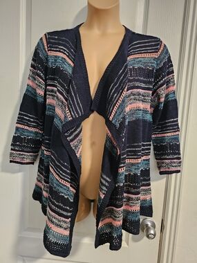 Maurices XL  Navy Crochet Open-Front Cardigan with Pink & Teal Stripes